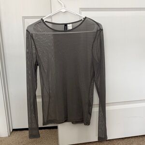 Sheer Gray/Silver Shimmer Mesh Long Sleeve Top